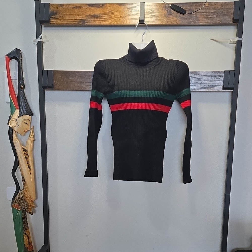 Vince Black Turtleneck Sweater with Red and Green Stripes (🛍 6/$36)